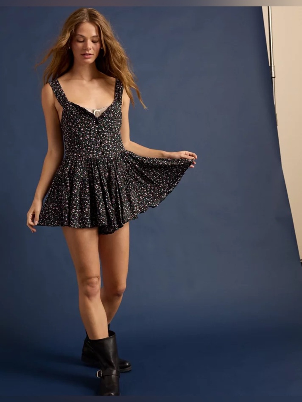aerie Black Floral Smocked Jumpsuits